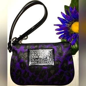 Like New☆Stunning COACH Daisy Signature Ocelot Purple/Black Sateen Wristlet☆